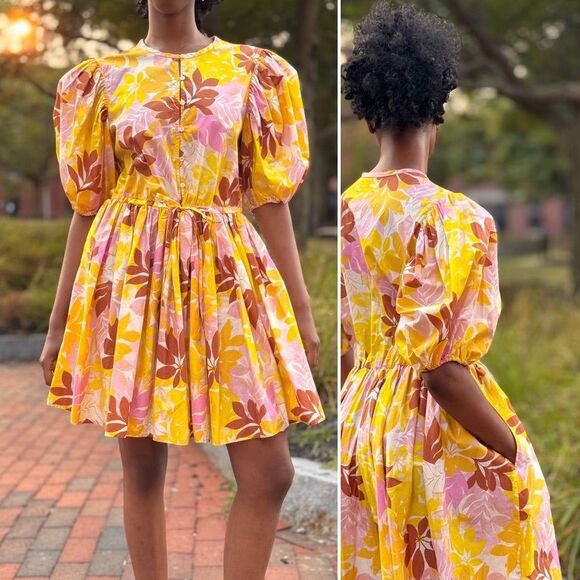 Xirena Vintage Style Puff Sleeve Floral Mini Dress Yellow Multi Size XS preloved - Picture 1 of 7